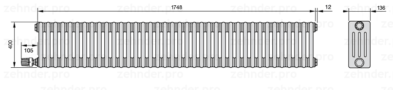 Схема (чертеж) Радиатор Zehnder Charleston 4040/38 №V003 Белый глянцевый RAL 9016